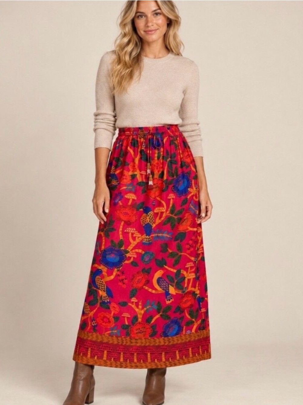 FARM Rio for Anthropologie Pink Bird Mushroom Floral Maxi Skirt XS